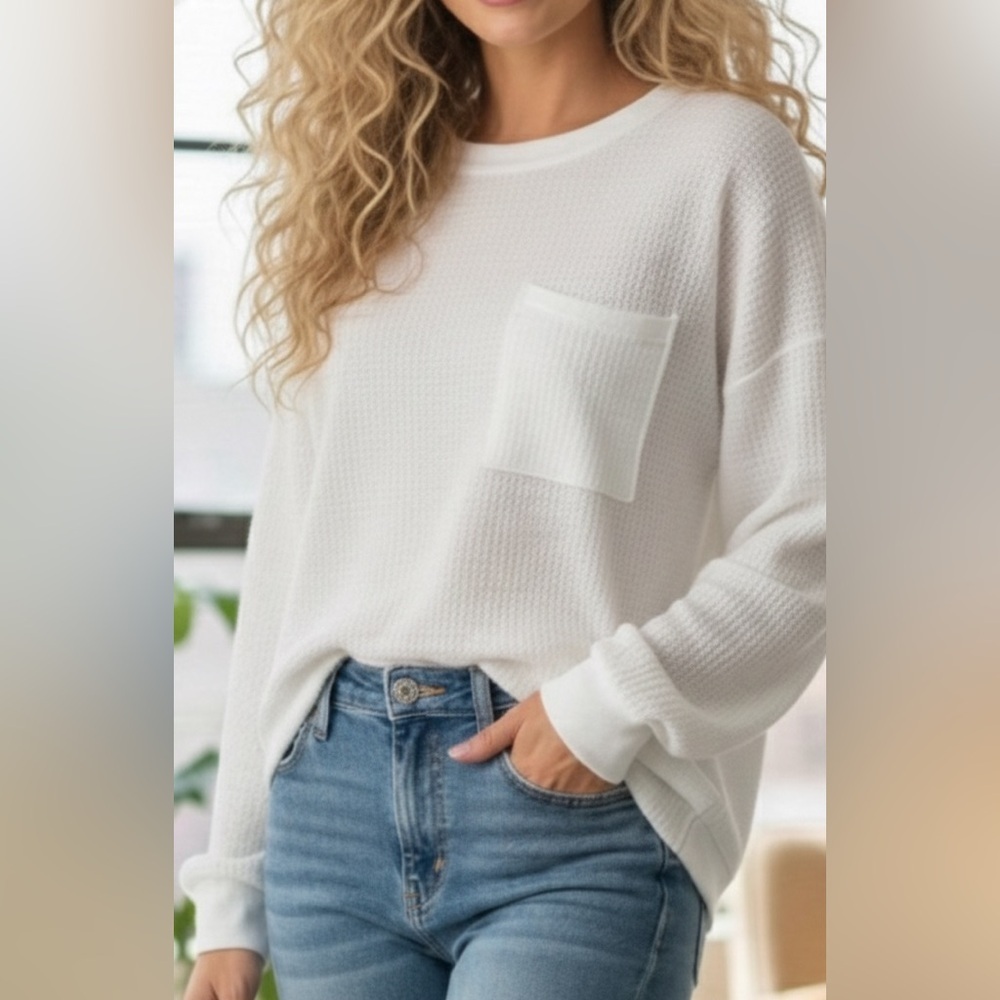White Waffle Long Sleeved Top